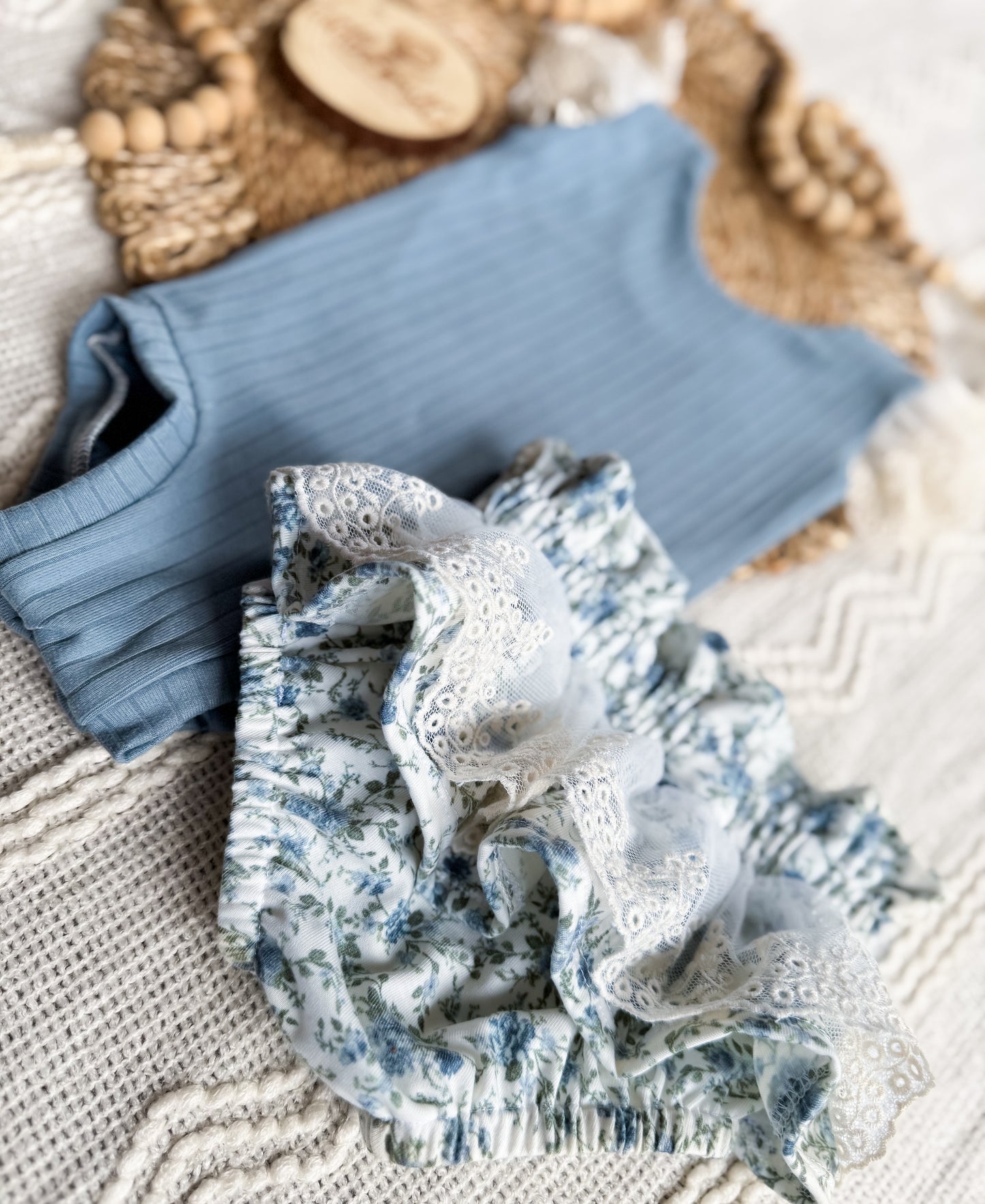 Antique Floral Lace Ruffle Bum Bloomers + Blue Lace Tank Leo