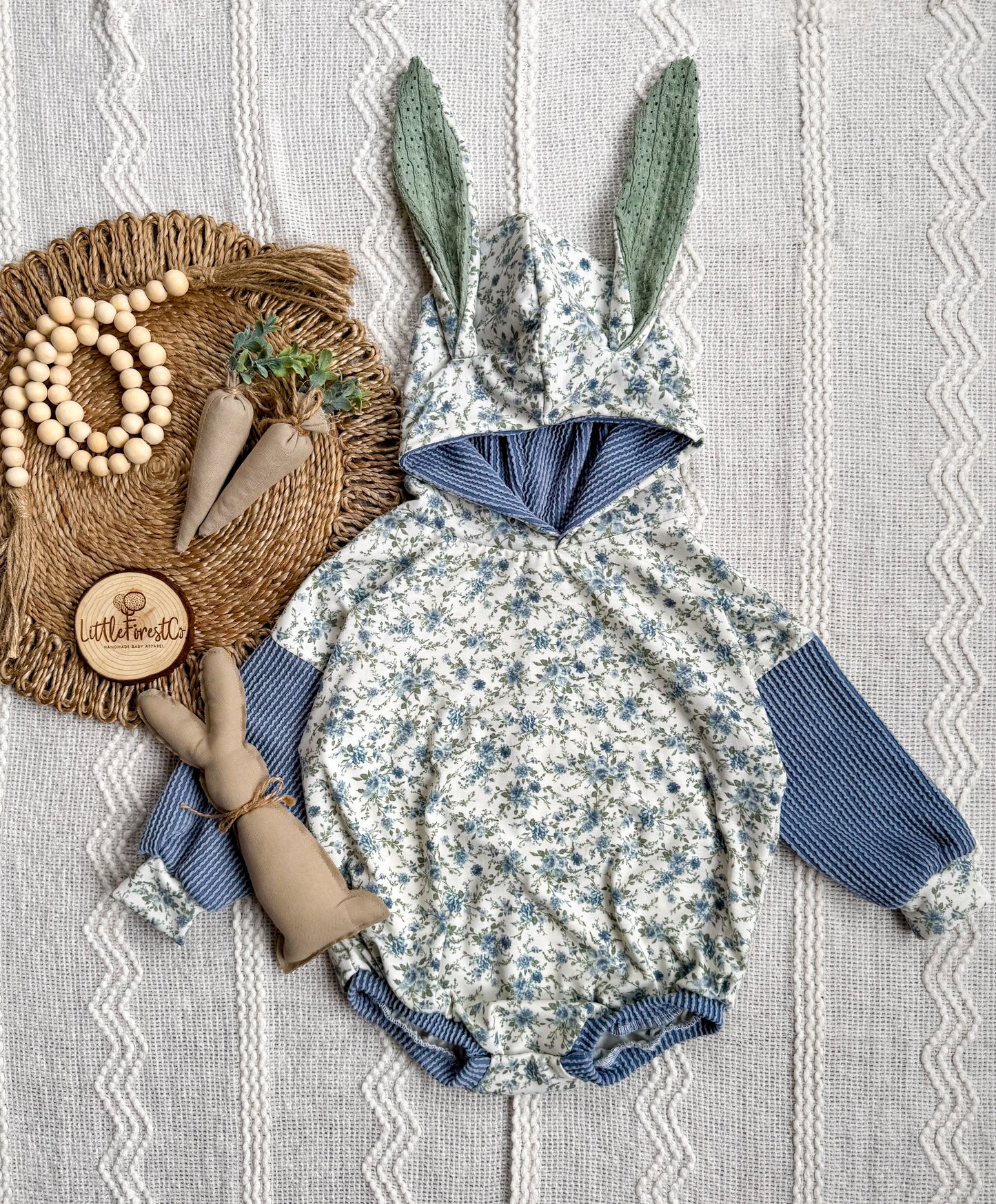 Blue Antique Floral Bunny Romper