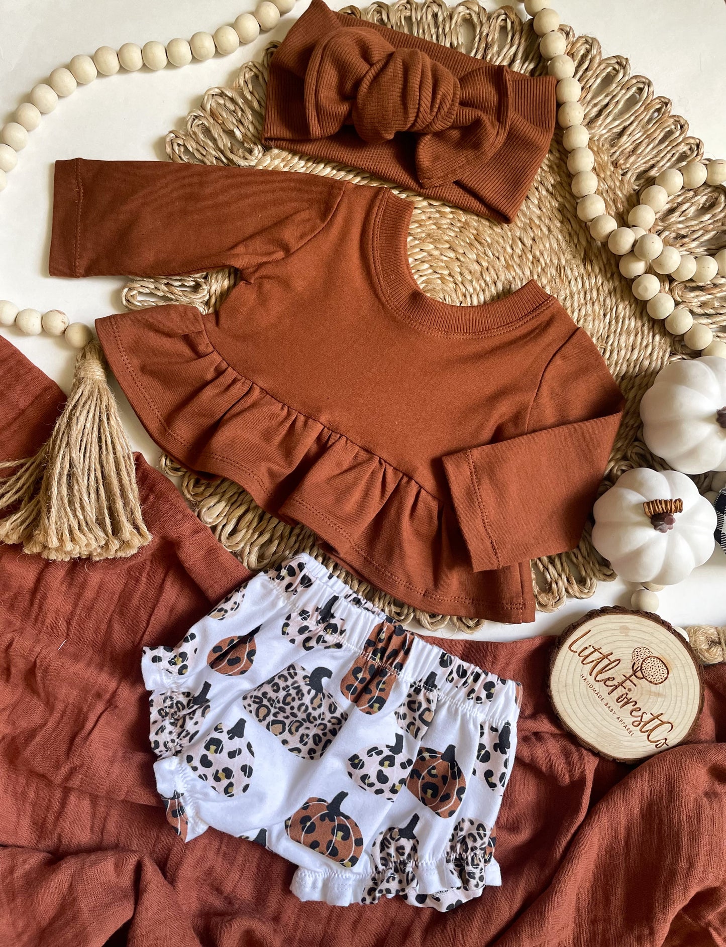 Cropped Long Sleeve Peplum & Ruffle Pumpkin Shorties