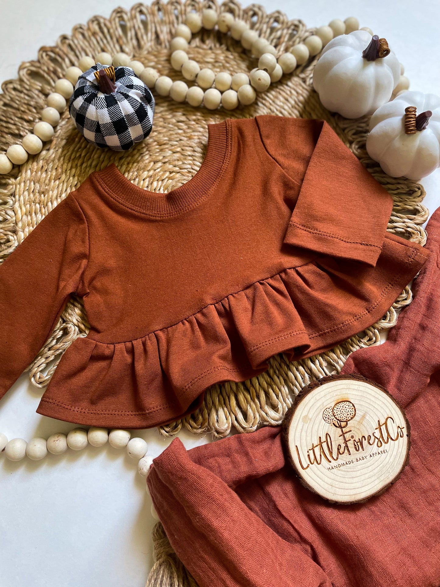 Cropped Long Sleeve Peplum & Ruffle Pumpkin Shorties