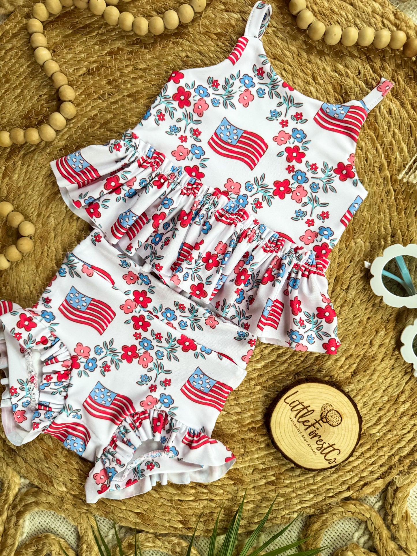Freedom Flowers Ruffle Peplum + Bottoms Swim Suit