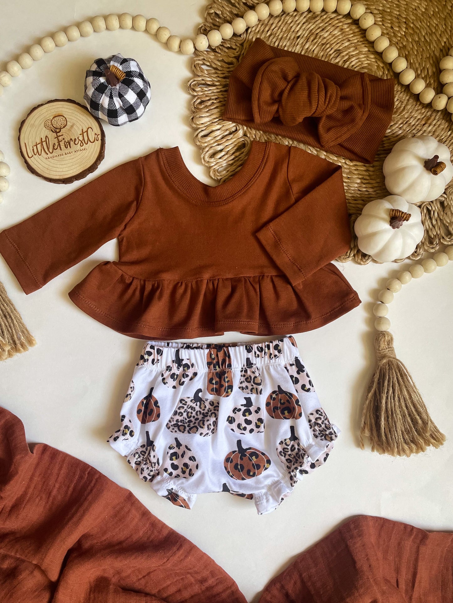 Cropped Long Sleeve Peplum & Ruffle Pumpkin Shorties