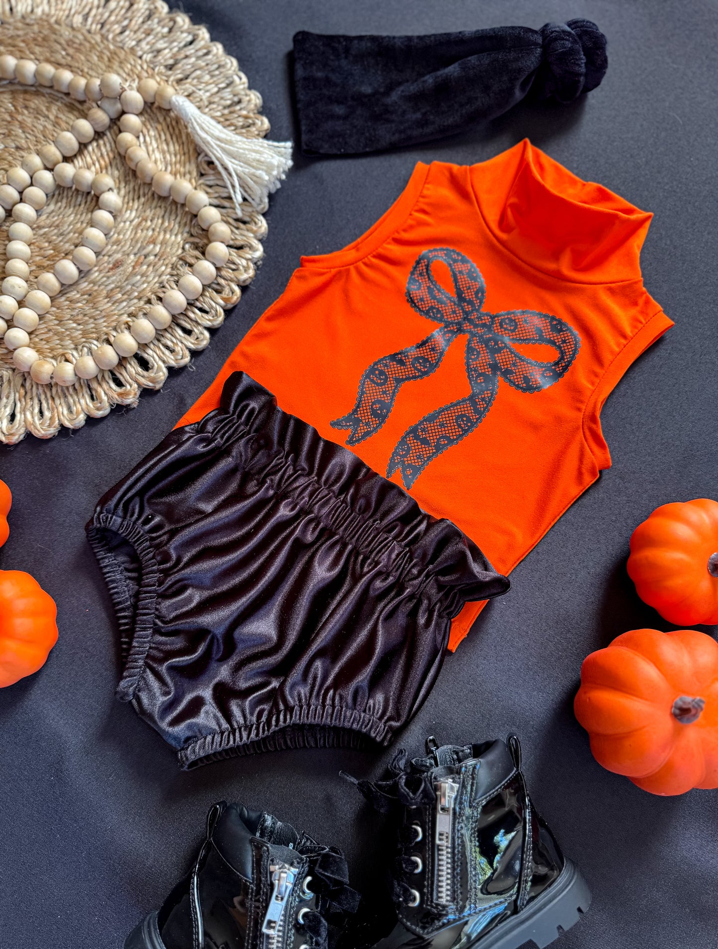 Coquette Pumpkin Lace Mock Tank + Black Satin Bloomers