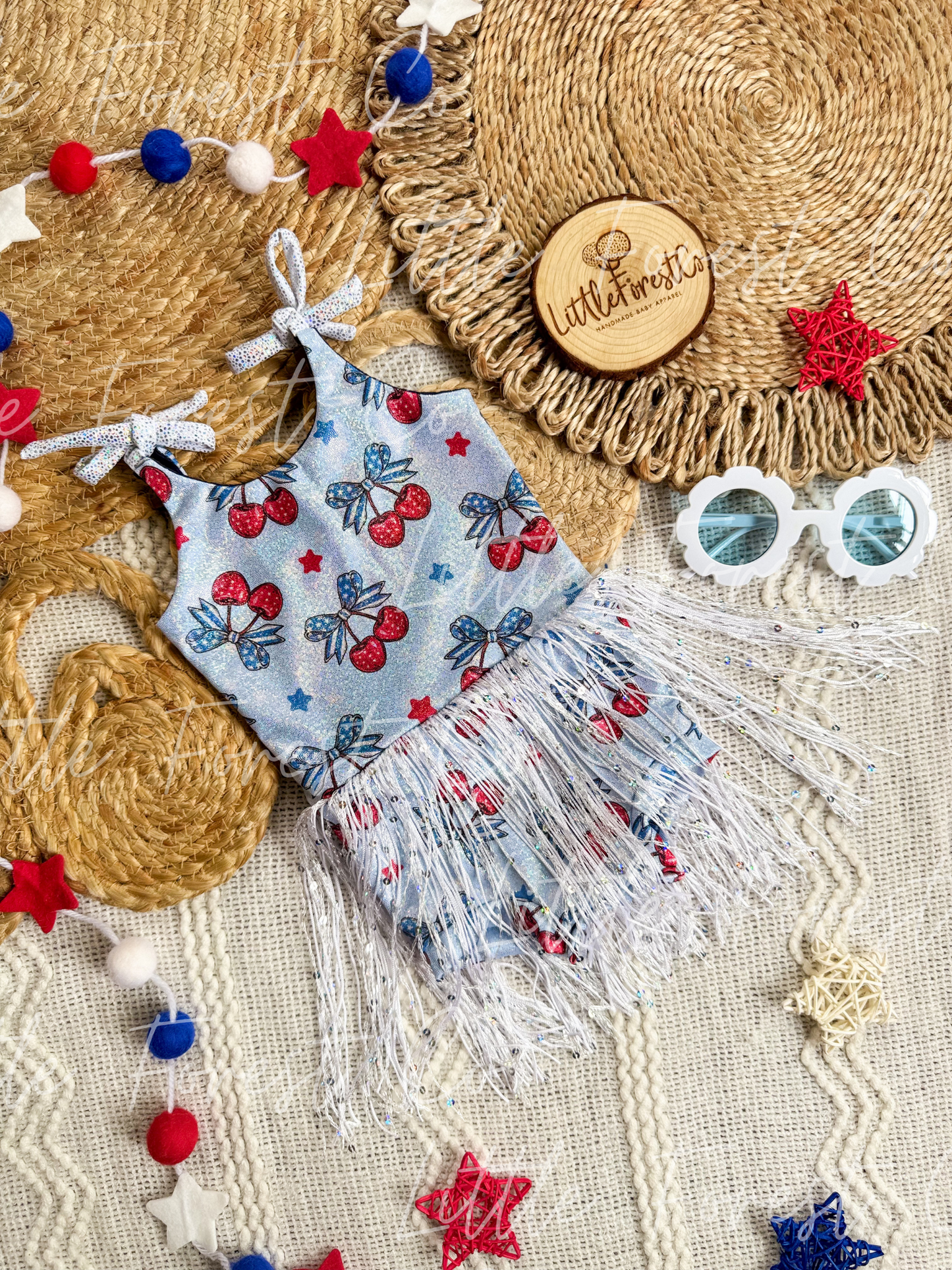 Star Spangled Cherries Sequin Fringe Skirted Leo