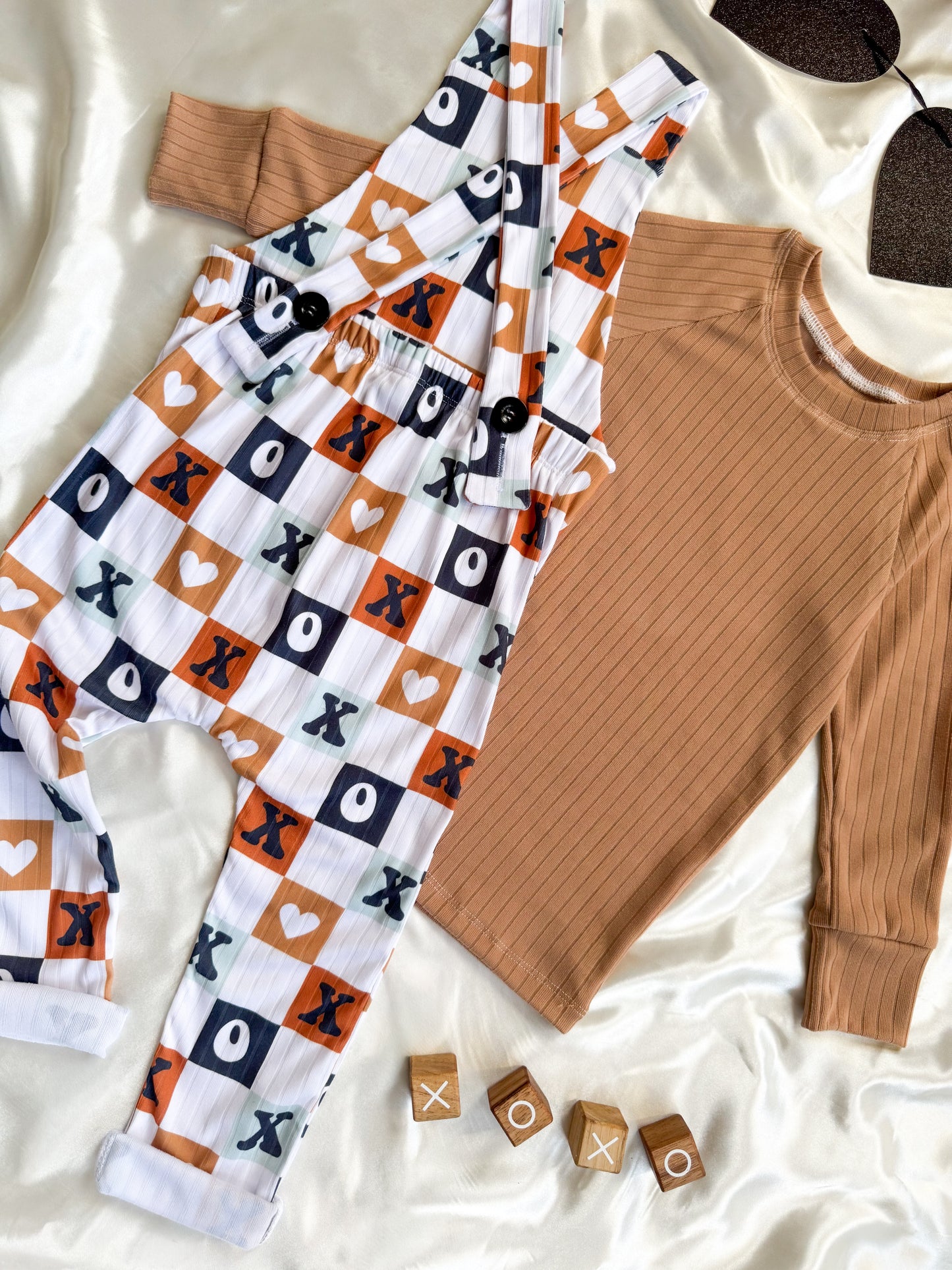 XO Valentine Button Back Overalls & Camel Raglan Tee