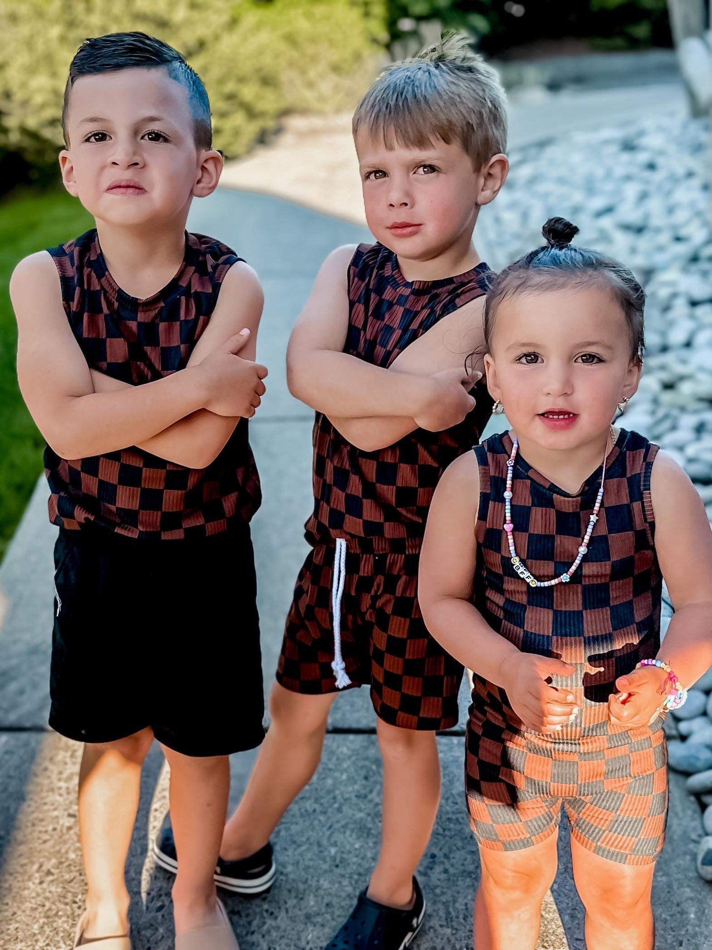 Checkered Tank Romper | Brown and Black Checkered Tank | Boy Romper | Sibling Rompers | Summer Rompers | Cropped Sweater