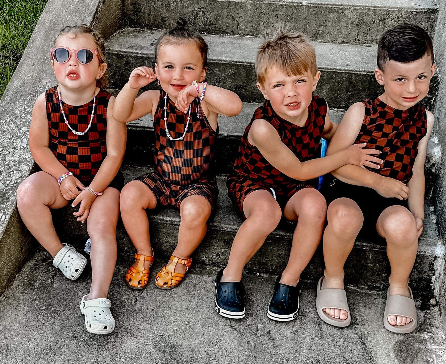 Checkered Tank Romper | Brown and Black Checkered Tank | Boy Romper | Sibling Rompers | Summer Rompers | Cropped Sweater
