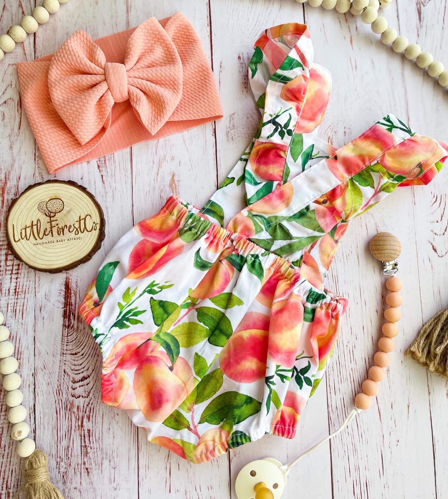 Peach Playsuit | Peach Romper | Overall Romper | Bubble Romper | Baby Playsuit | Baby Romper with Peaches