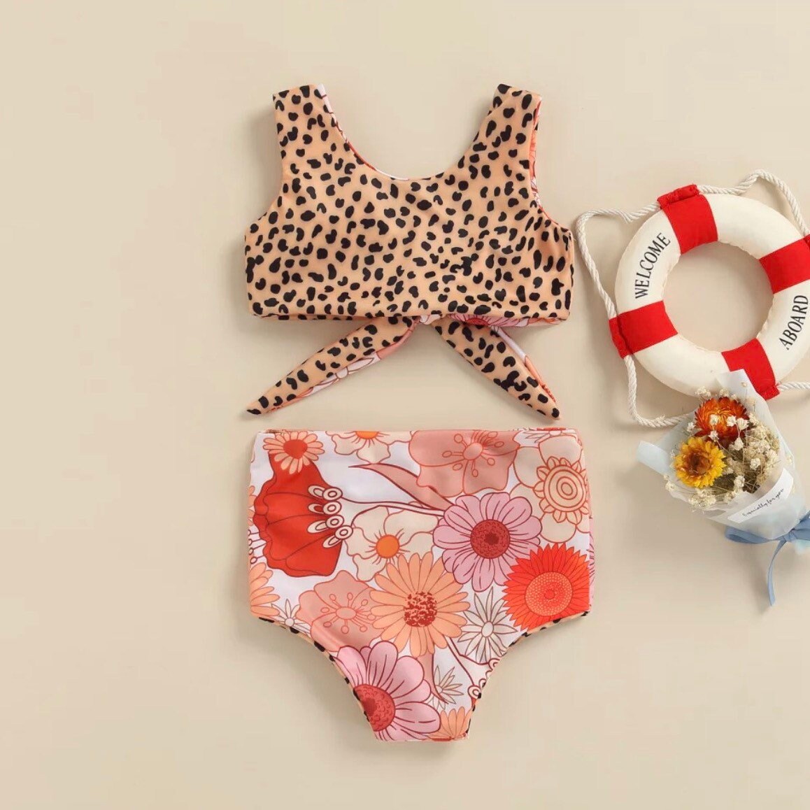 RTS Leopard Floral 2 Piece Swimsuit | Ready to ship | Floral Swimsuit | Reversible Toddler Swimsuit | Toddler Swim | Baby Swimwear