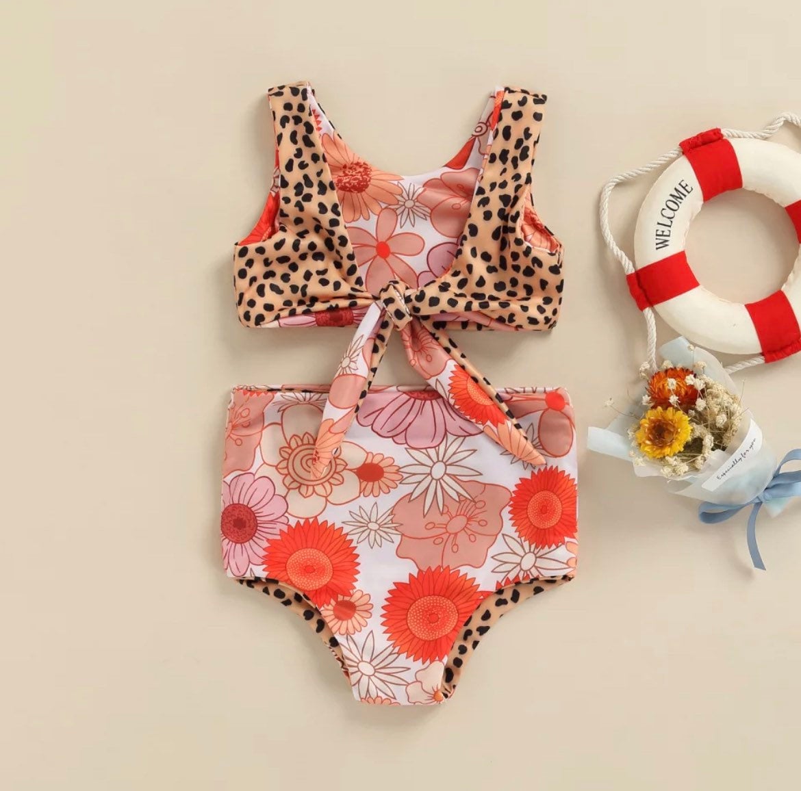 RTS Leopard Floral 2 Piece Swimsuit | Ready to ship | Floral Swimsuit | Reversible Toddler Swimsuit | Toddler Swim | Baby Swimwear