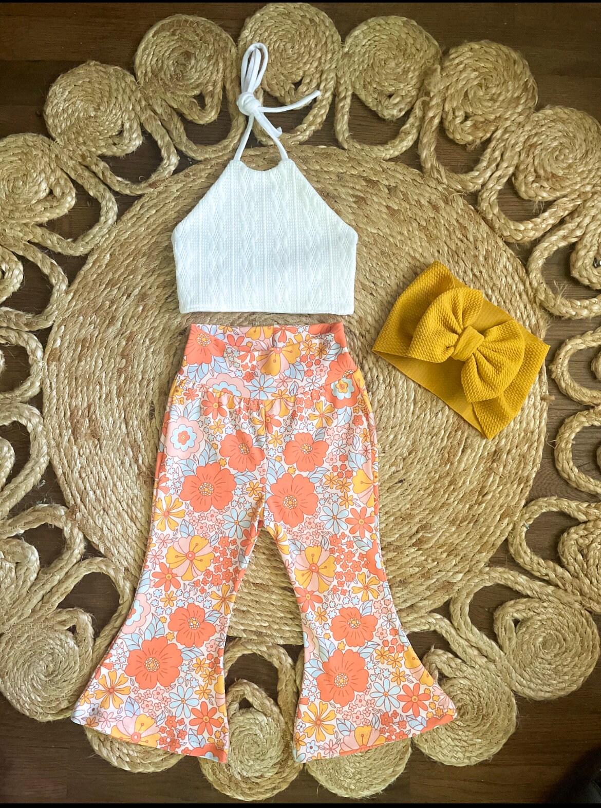 Floral Bells & Cable Knit Halter | Flare Leggings | Floral Bell Bottoms | Halter Top | 70’s Outfit | Groovy One Outfit | Two Groovy Outfit