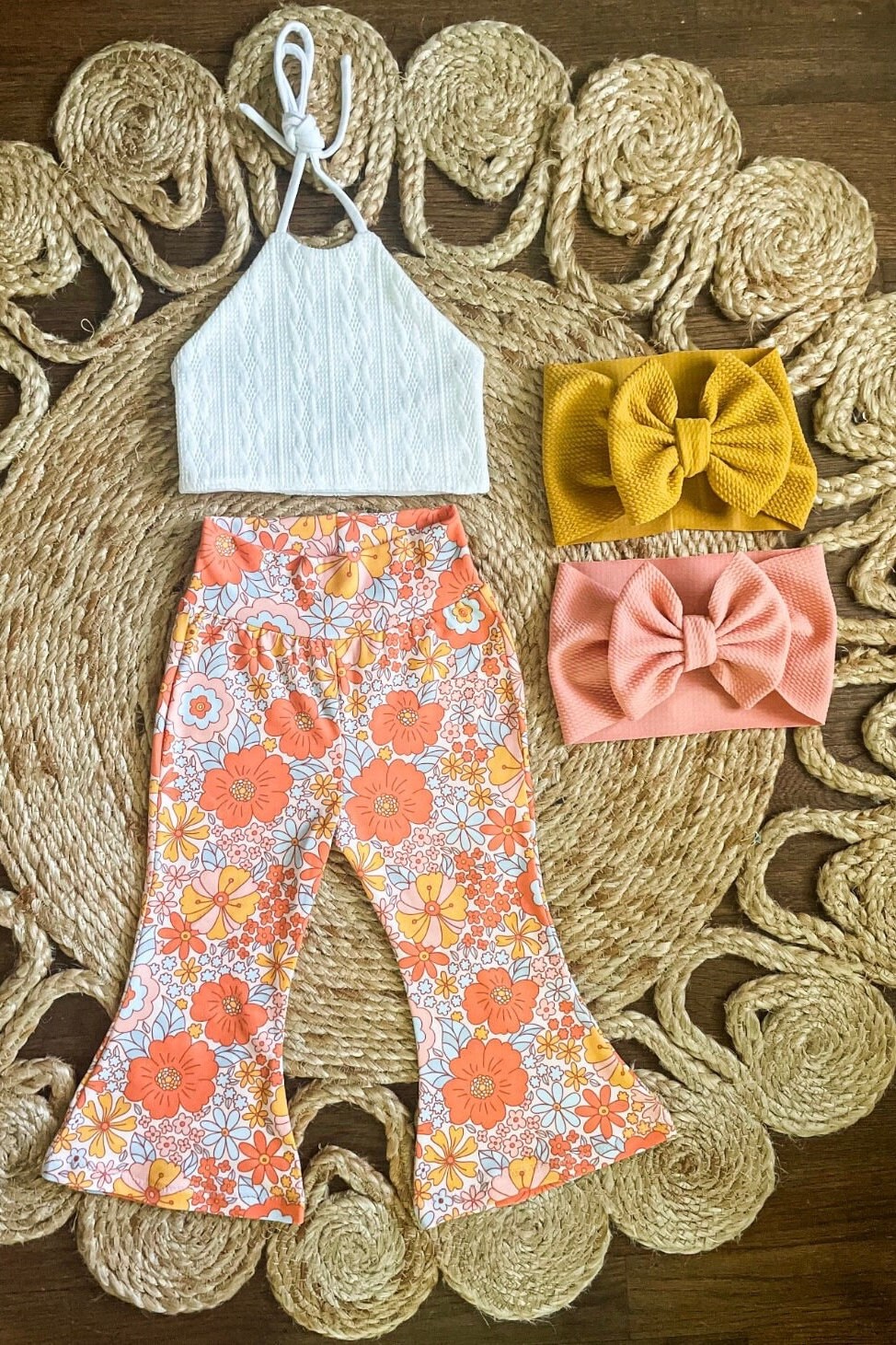 Floral Bells & Cable Knit Halter | Flare Leggings | Floral Bell Bottoms | Halter Top | 70’s Outfit | Groovy One Outfit | Two Groovy Outfit