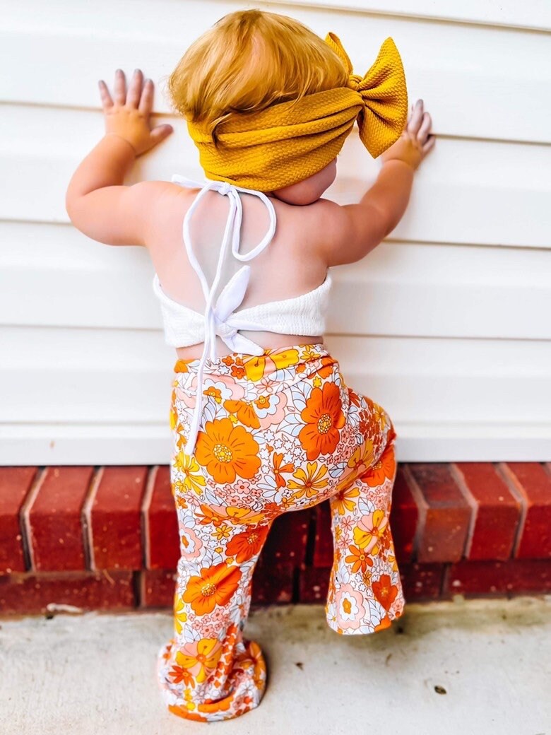 Floral Bells & Cable Knit Halter | Flare Leggings | Floral Bell Bottoms | Halter Top | 70’s Outfit | Groovy One Outfit | Two Groovy Outfit