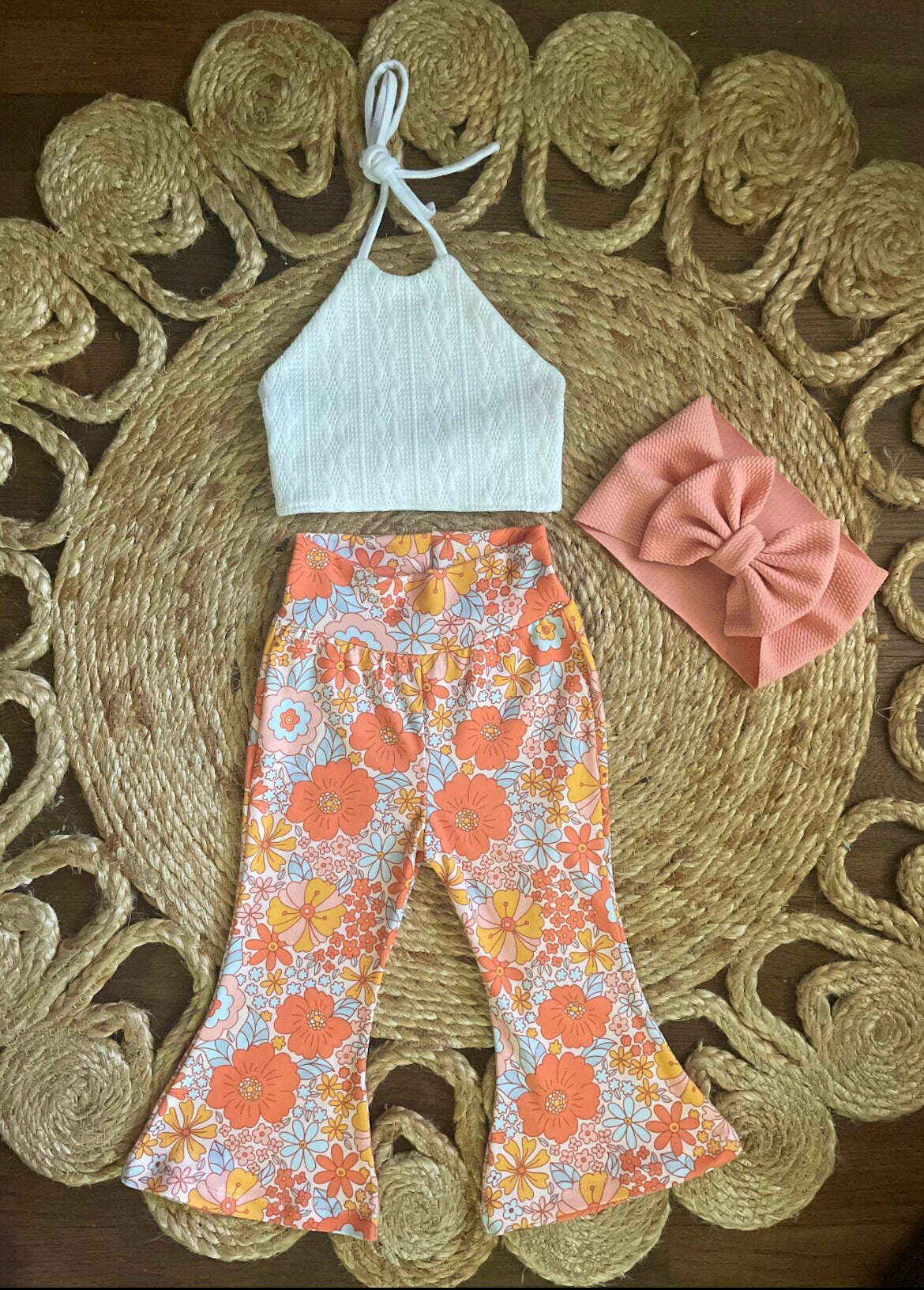 Floral Bells & Cable Knit Halter | Flare Leggings | Floral Bell Bottoms | Halter Top | 70’s Outfit | Groovy One Outfit | Two Groovy Outfit