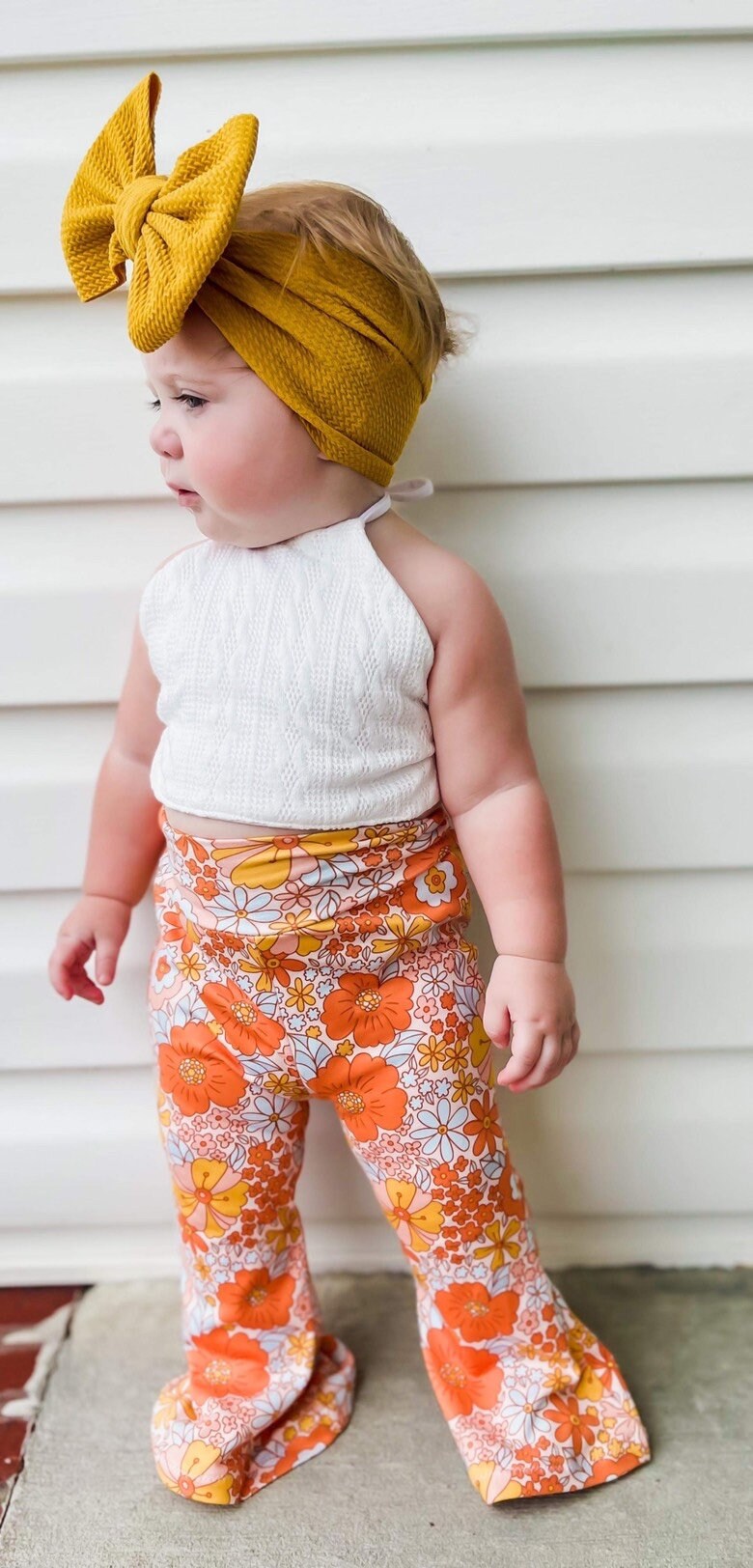 Floral Bells & Cable Knit Halter | Flare Leggings | Floral Bell Bottoms | Halter Top | 70’s Outfit | Groovy One Outfit | Two Groovy Outfit