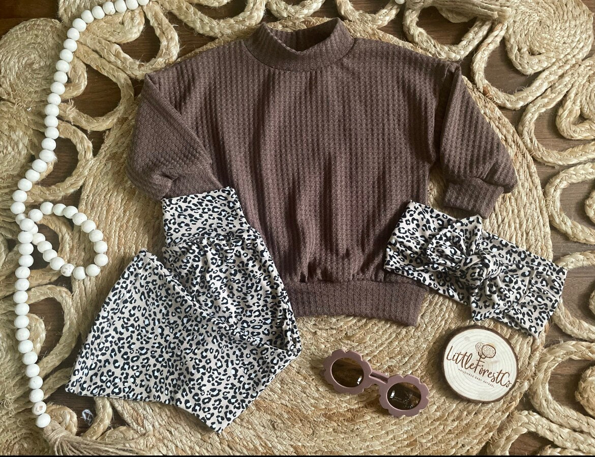 Oversized Mocha Sweater & Beige Leopard Bells