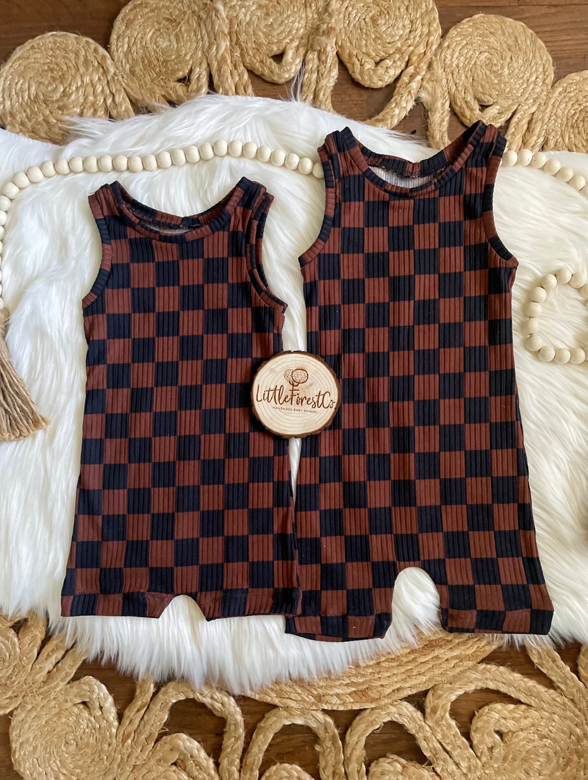 Checkered Tank Romper | Brown and Black Checkered Tank | Boy Romper | Sibling Rompers | Summer Rompers | Cropped Sweater