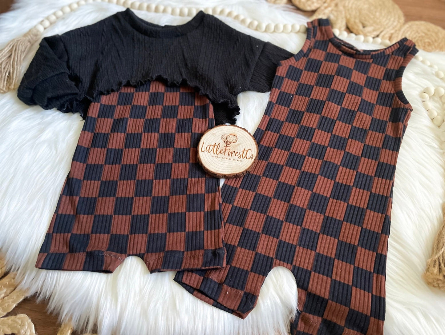 Checkered Tank Romper | Brown and Black Checkered Tank | Boy Romper | Sibling Rompers | Summer Rompers | Cropped Sweater
