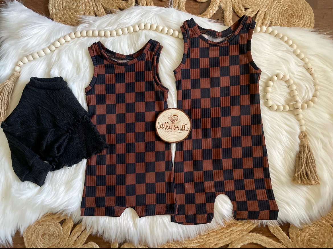 Checkered Tank Romper | Brown and Black Checkered Tank | Boy Romper | Sibling Rompers | Summer Rompers | Cropped Sweater