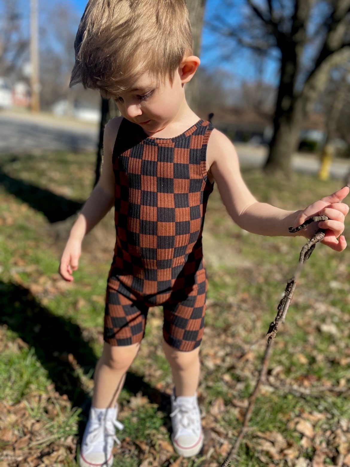 Checkered Tank Romper | Brown and Black Checkered Tank | Boy Romper | Sibling Rompers | Summer Rompers | Cropped Sweater