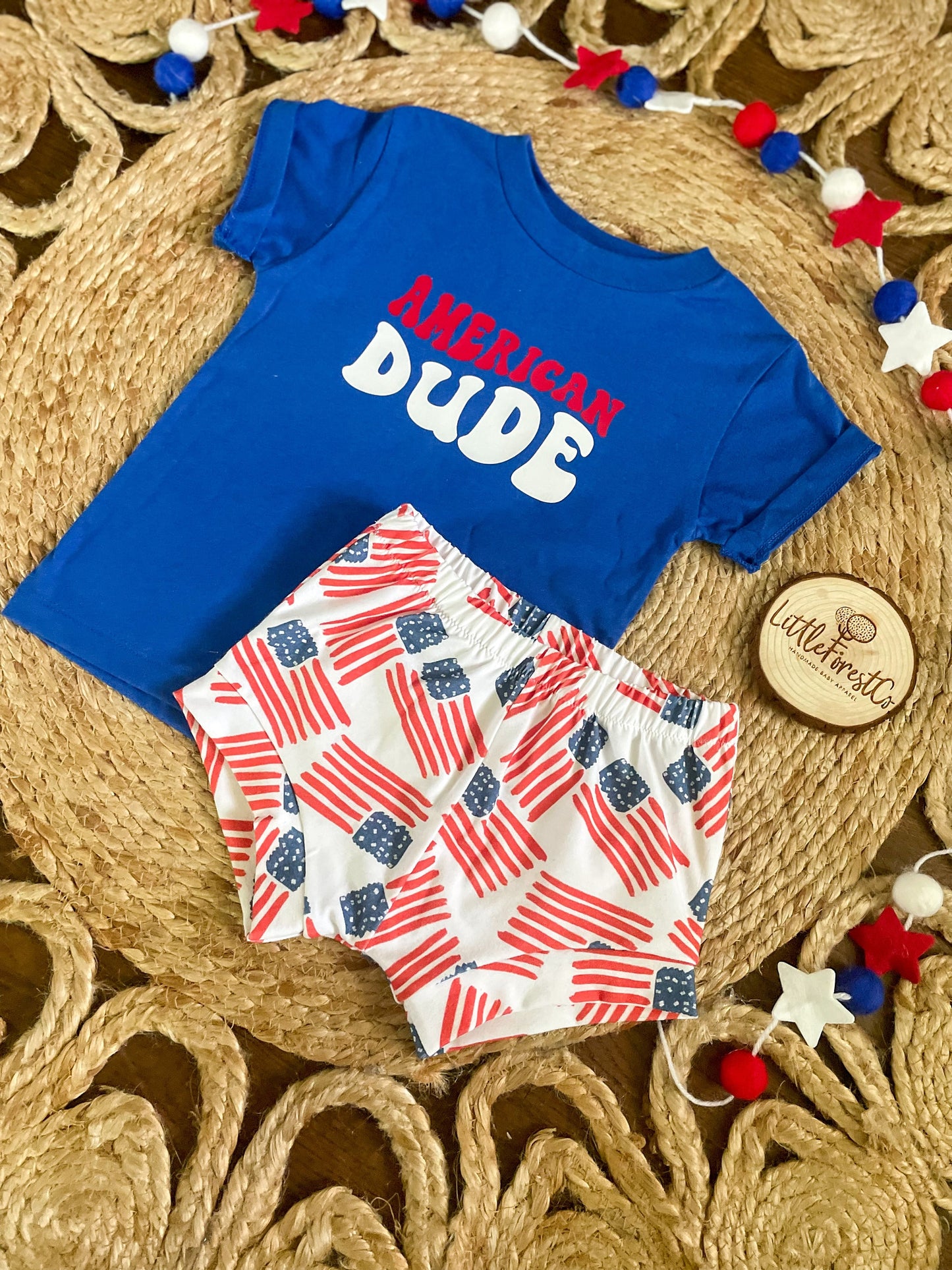 American Dude Tee & Shorties | 4th of July Shorties | Boy 4th of July Outfit | Patriotic Boy Outfit | American Flag Shorties | Boy Bummies