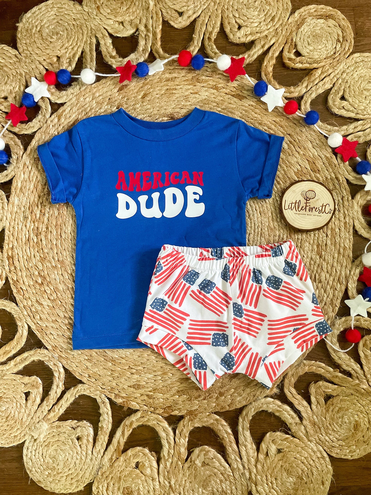 American Dude Tee & Shorties | 4th of July Shorties | Boy 4th of July Outfit | Patriotic Boy Outfit | American Flag Shorties | Boy Bummies