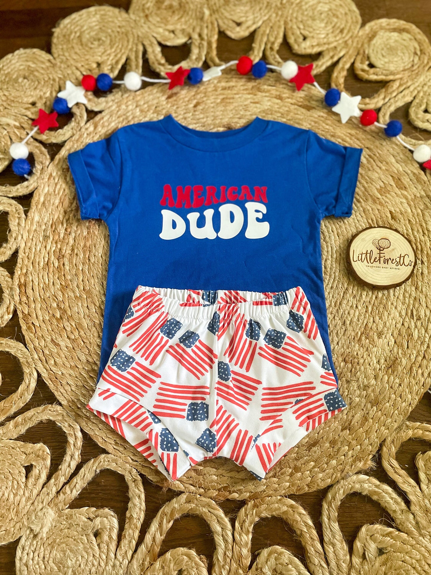 American Dude Tee & Shorties | 4th of July Shorties | Boy 4th of July Outfit | Patriotic Boy Outfit | American Flag Shorties | Boy Bummies