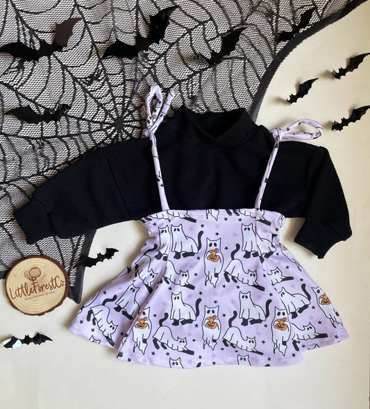 Ghost Kitties Strappy Dress & Bow Waffle Oversized Sweater