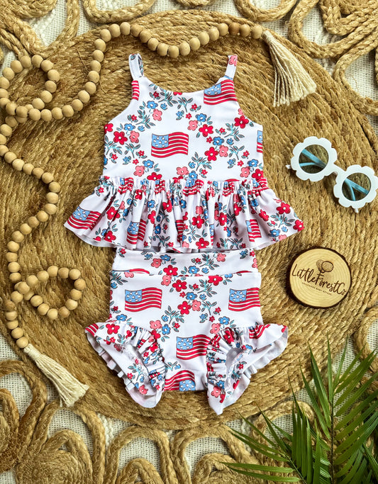 Freedom Flowers Ruffle Peplum + Bottoms Swim Suit
