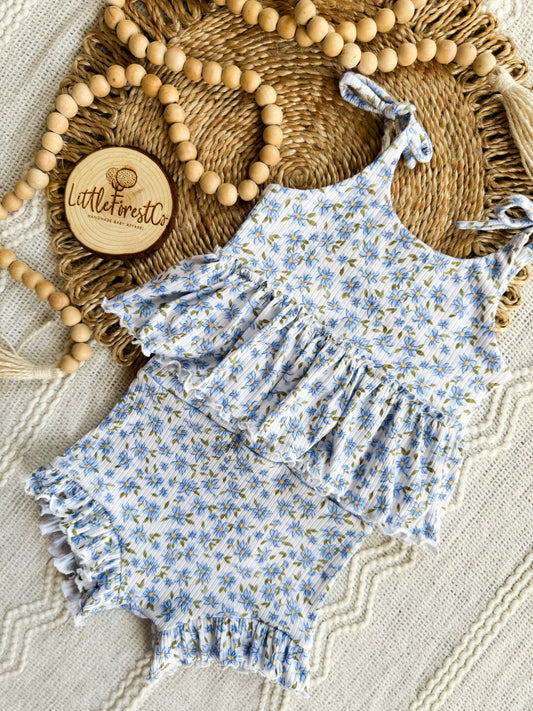 Ditzy Blue Floral Reverse Peplum + Ruffle Bummies