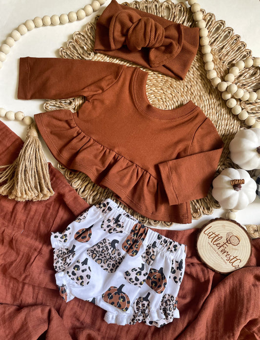 Cropped Long Sleeve Peplum & Ruffle Pumpkin Shorties