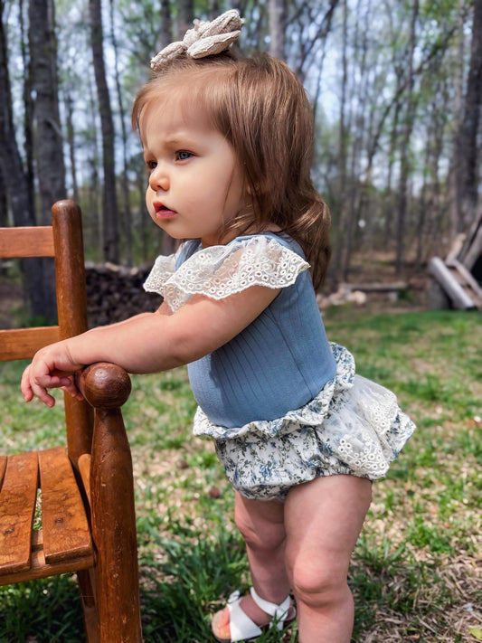 Antique Floral Lace Ruffle Bum Bloomers + Blue Lace Tank Leo