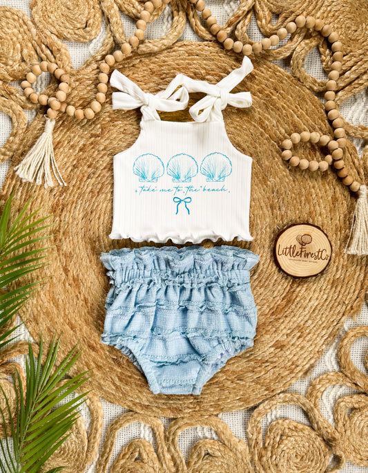 “Take Me To The Beach” Margo Tie Crop + Ruffle Bloomies Set