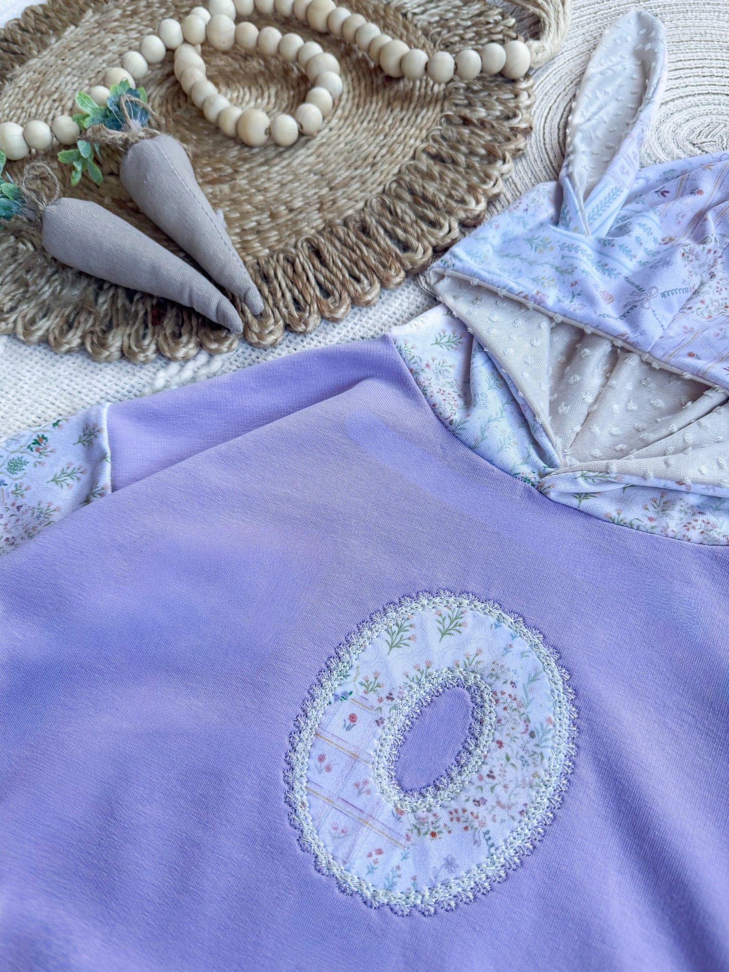 Lilac Patchwork Embroidered Initial Bunny Romper or Pullover