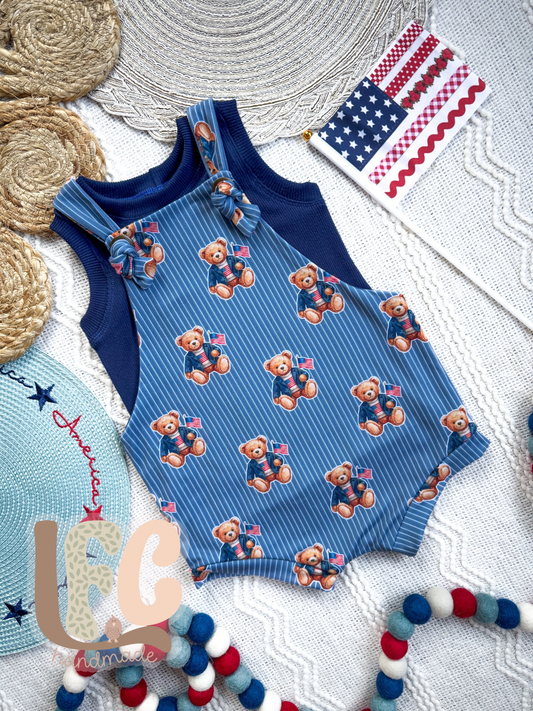 Beary Patriotic Knotted Overall Shorties + Tank