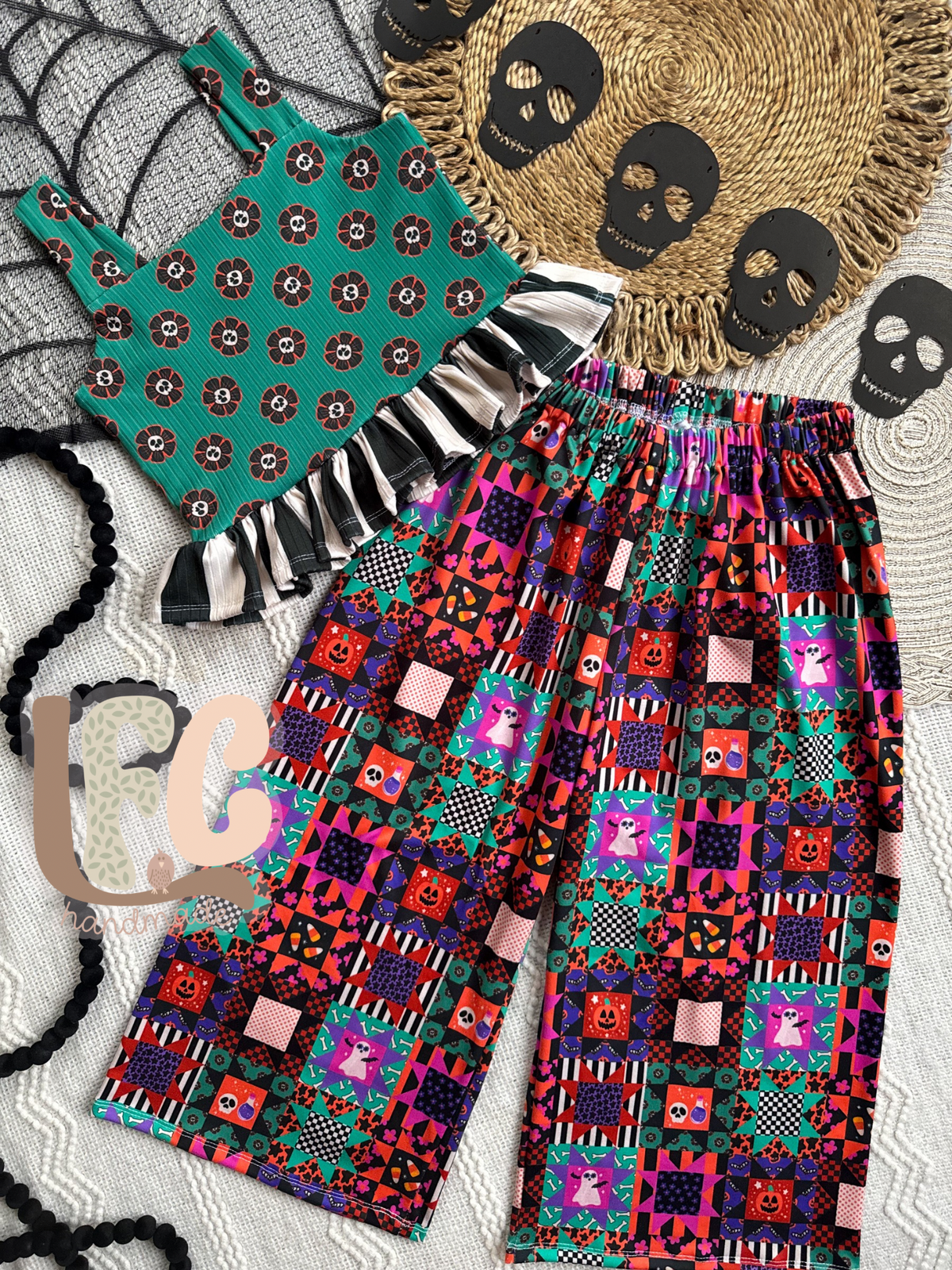 Haunted Patchwork Margot Peplum Top and Flowy Pants or Margo Tie Pant Romper