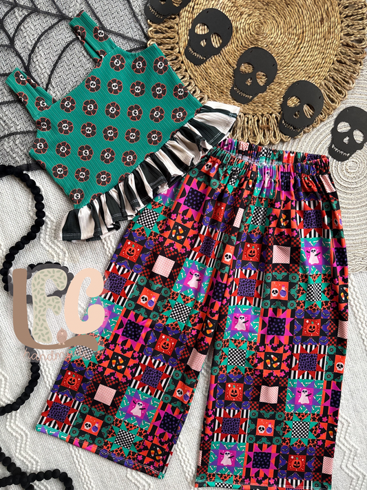 Haunted Patchwork Margot Peplum Top and Flowy Pants or Margo Tie Pant Romper