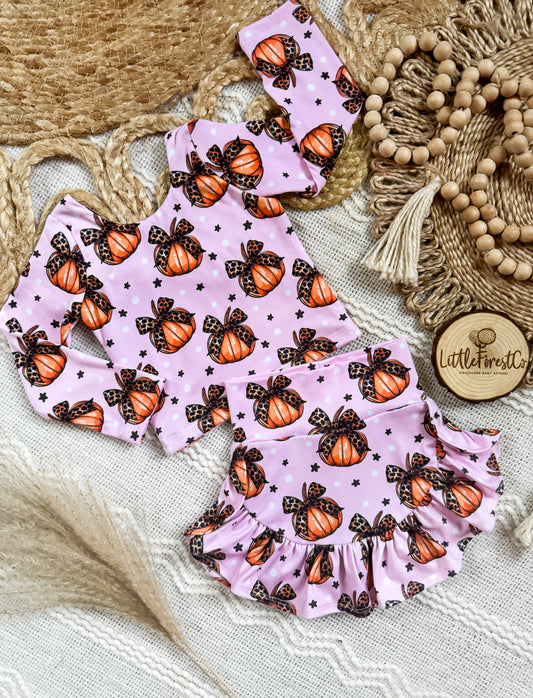 Leopard Pumpkin Ruffle Tulip Skort + Long Sleeve Modest Crop Top