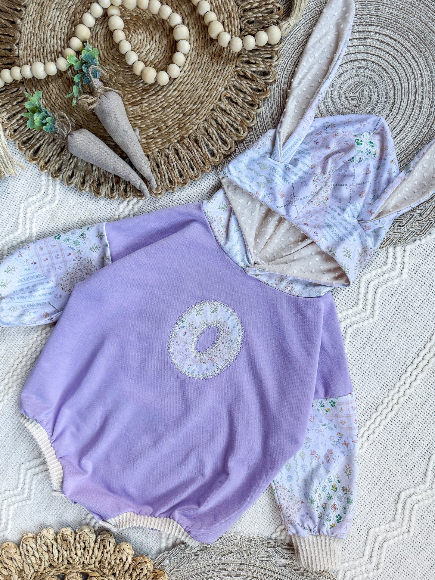 Lilac Patchwork Embroidered Initial Bunny Romper or Pullover