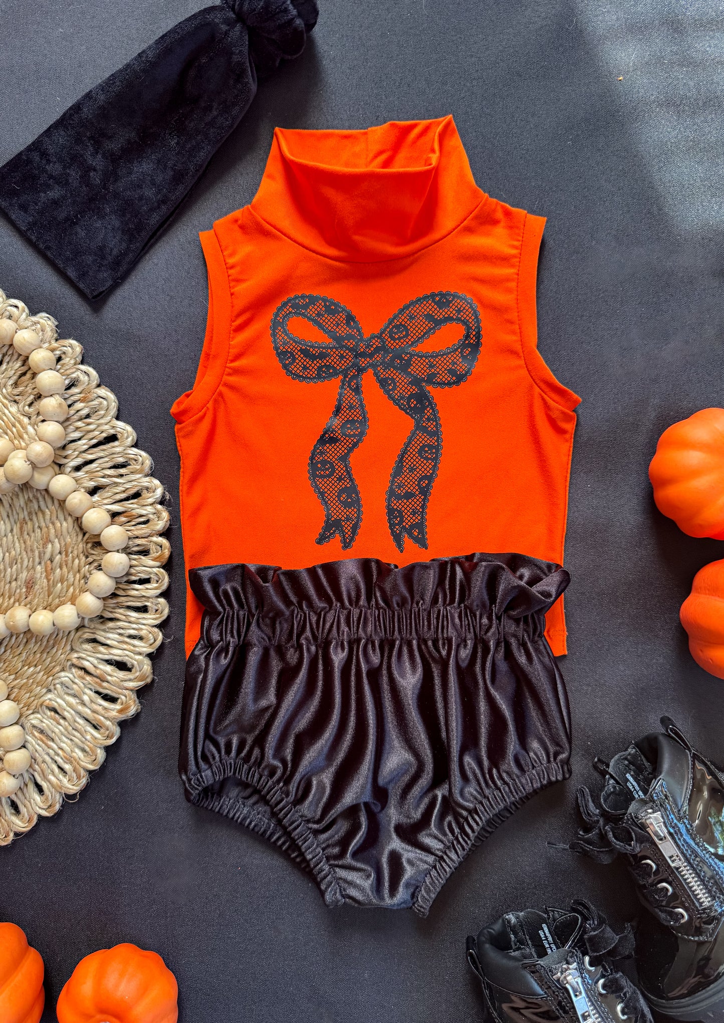Coquette Pumpkin Lace Mock Tank + Black Satin Bloomers