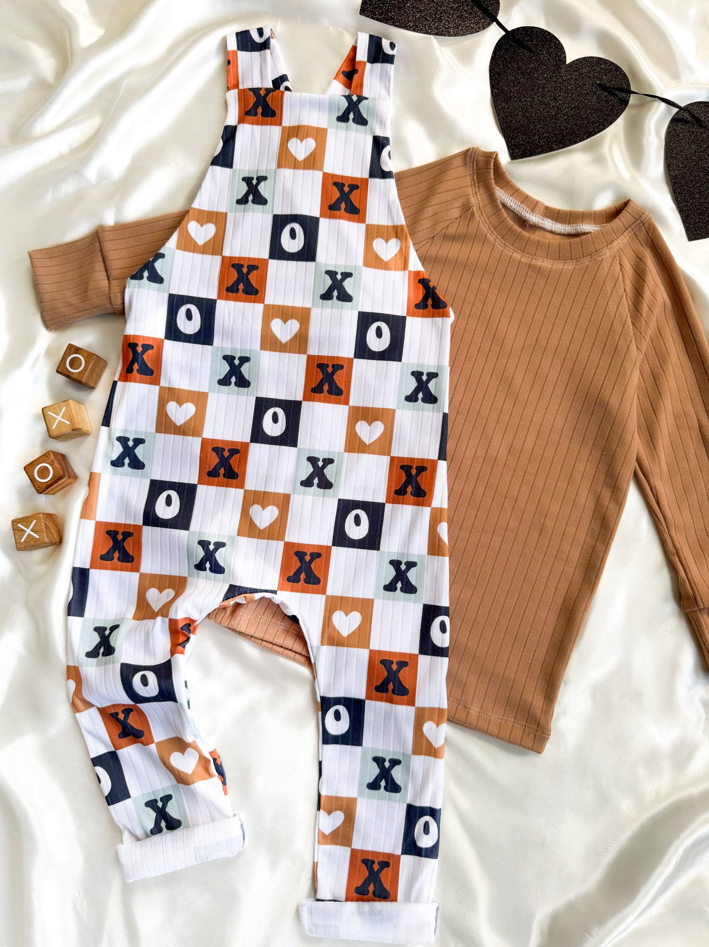 XO Valentine Button Back Overalls & Camel Raglan Tee