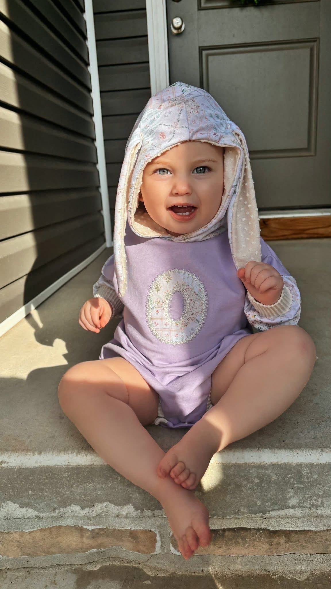 Lilac Patchwork Embroidered Initial Bunny Romper or Pullover