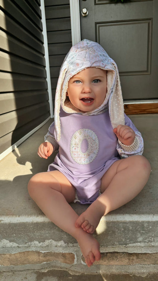 Lilac Patchwork Embroidered Initial Bunny Romper or Pullover