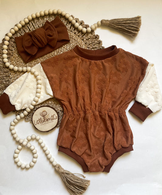 Raised Flower Sweater Romper- Caramel