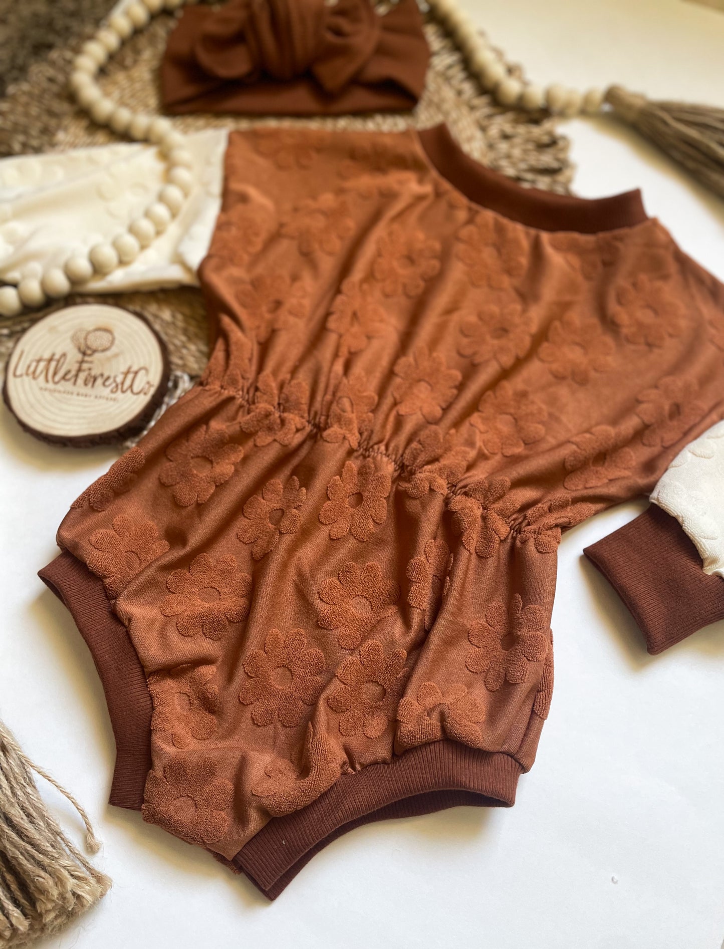 Raised Flower Sweater Romper- Caramel