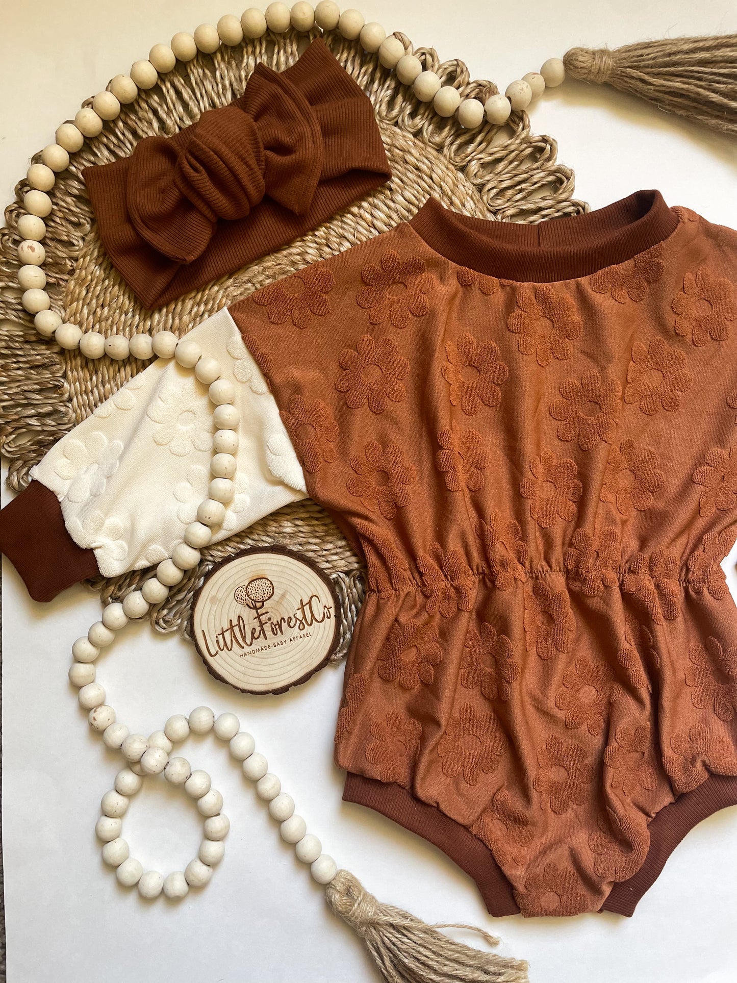 Raised Flower Sweater Romper- Caramel