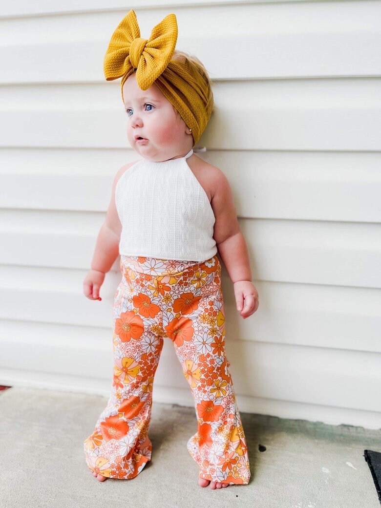 Floral Bells & Cable Knit Halter | Flare Leggings | Floral Bell Bottoms | Halter Top | 70’s Outfit | Groovy One Outfit | Two Groovy Outfit