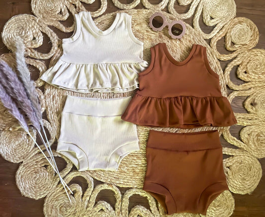 Peplum Bummies Sets | Cropped Peplum | High Waisted Bummies | Caramel Peplum | Frappe Peplum