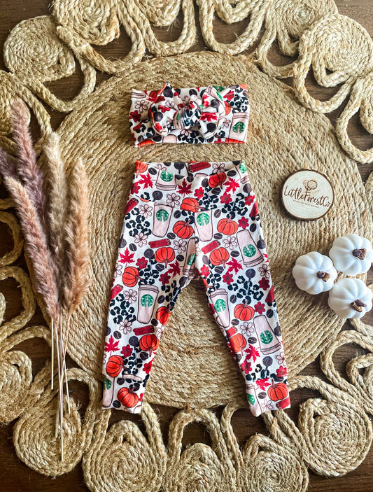 Velvet Fall Leggings & Chunky Knot Bow | Coffee Leggings | Cheetah Leggings | Pumpkin Spice Latte Leggings | Thanksgiving Leggings