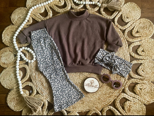 Oversized Mocha Sweater & Beige Leopard Bells